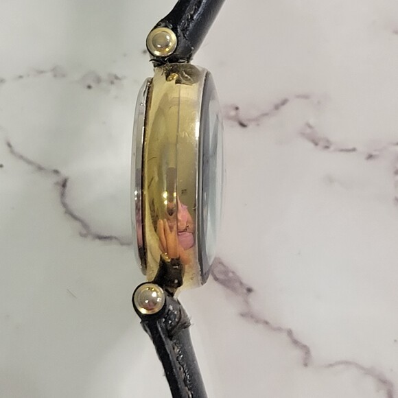 I.D. Titanium Vintage gold tone turquoise face black leather band watch - Picture 10 of 12